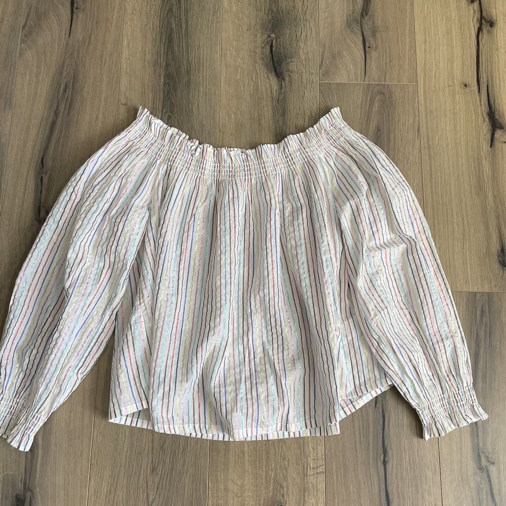 Boden Womens 8 Long Sleeve Smocked Off Shoulder Metallic Striped Lurex Blouse